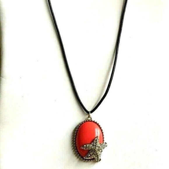 Coral Starfish Necklace Gold Plated Pendant Cabachon Peach 24" Leather Chain - Picture 9 of 11